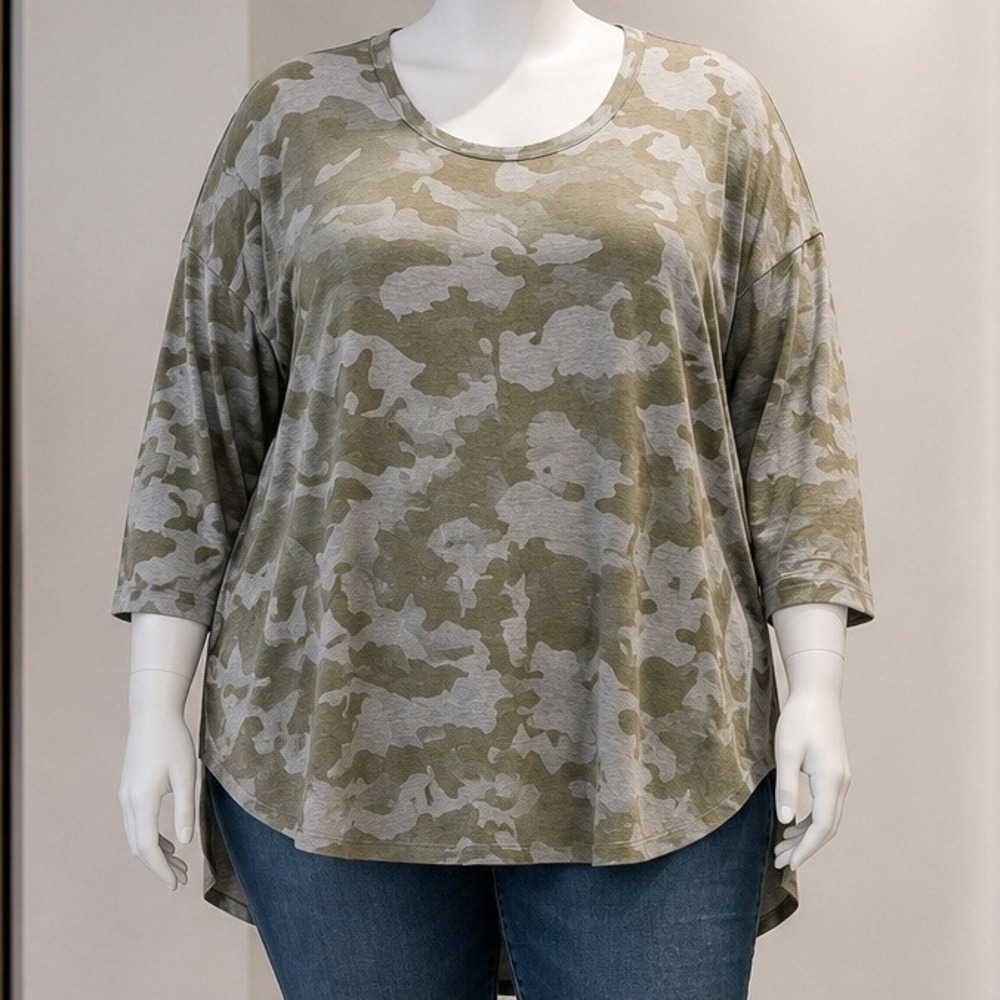 Jane and Delaney Womens Top Camo Print 3/4 Sleeve French Terry Green 3X